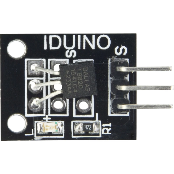 Ein schwarzes Sensorboard mit der Aufschrift 'IDUINO' und einem Chip mit Beschriftungen. Drei Stiftleisten rechts zur Verbindung.